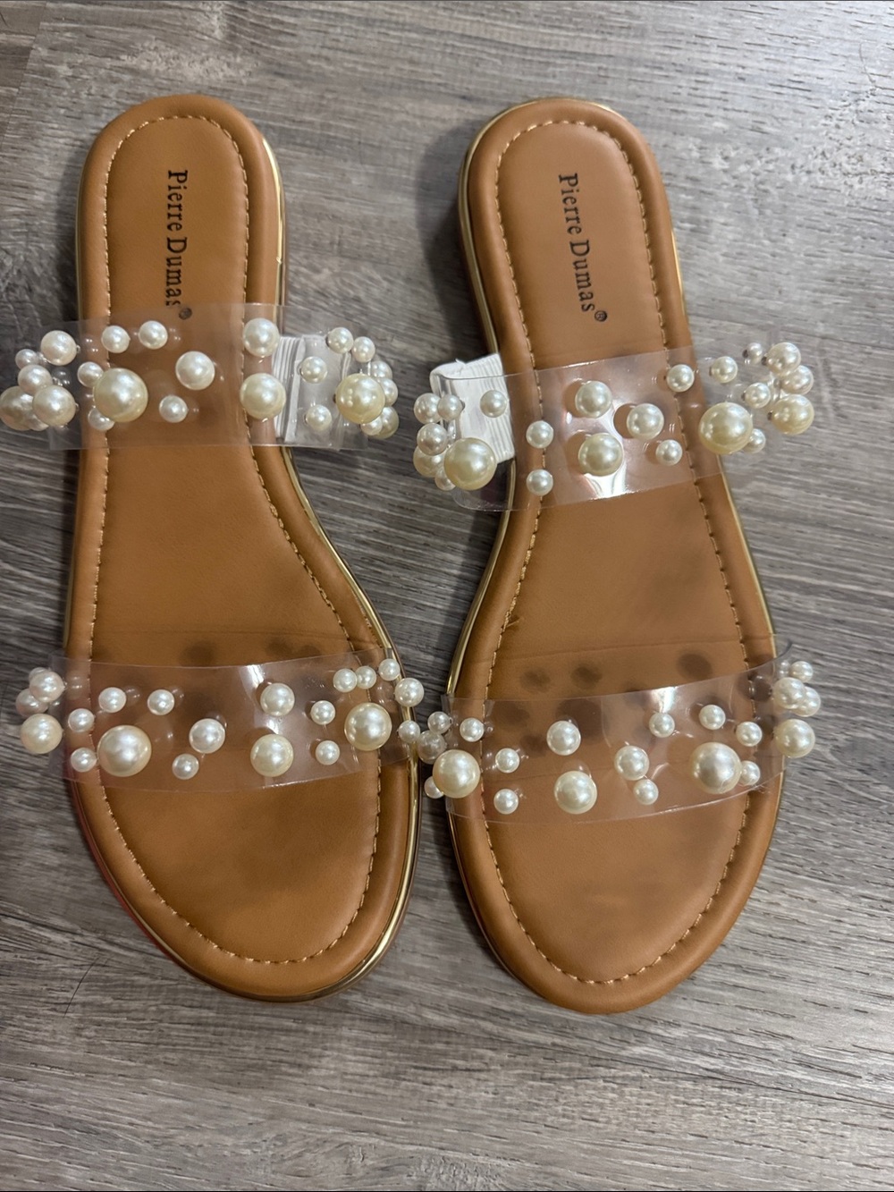 Pierre Dumas Tan Slide Sandals with Pearl-Embellished Clear Straps